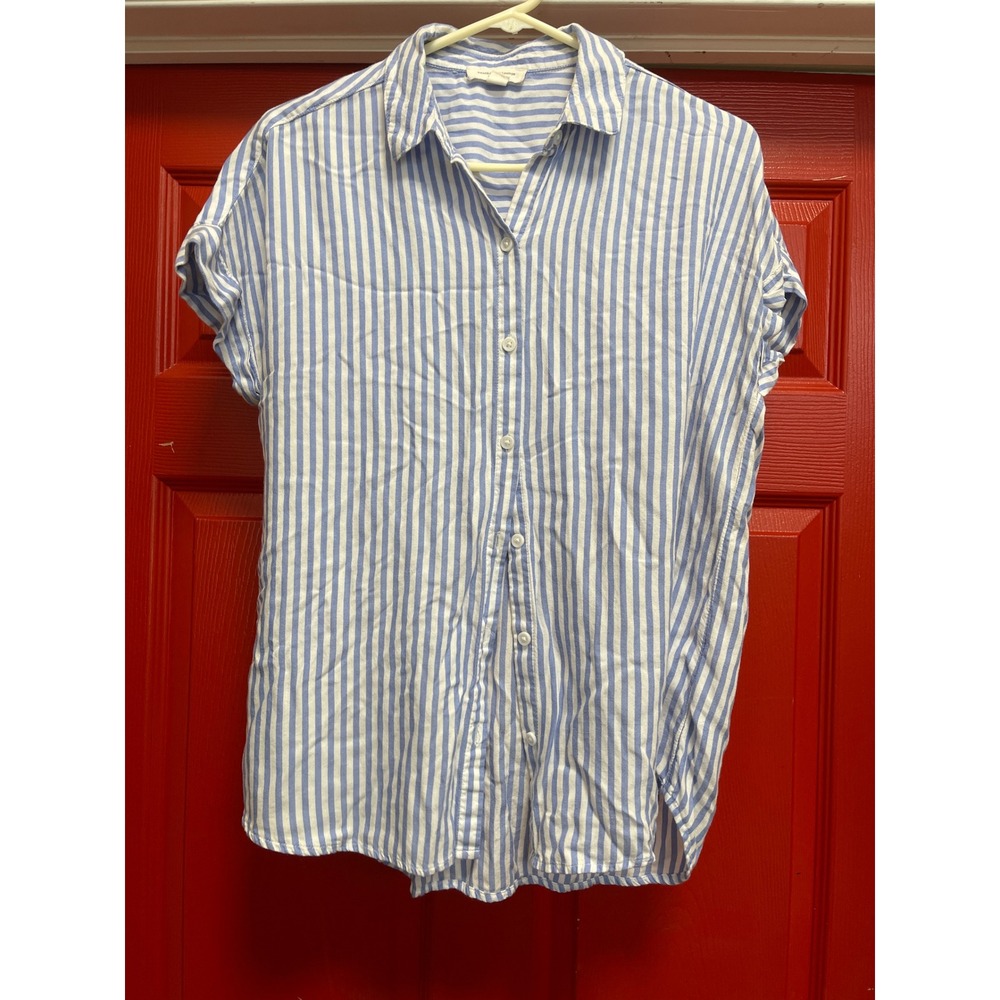 Beachlunchlounge Blue White Striped Short Sleeve Button Down Shirt Medium